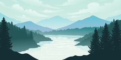Silhouette Der Naturlandschaft. Gebirge, Wald Im Hintergrund. Blaue Und Grüne Illustration