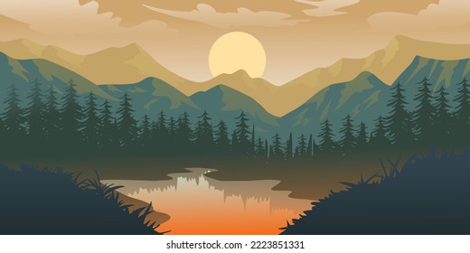 Silhouette of nature landscape. Mountains, forest in background