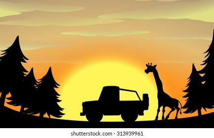 Silhouette nature scene with giraffe and jeep illustration