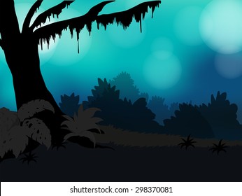 Silhouette of nature with trees and grass and faded blue sky