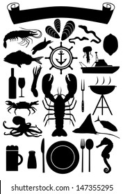 Silhouette of nautical icons and marine life