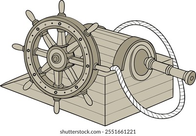 silhouette of nautical ship steering wheel and A ship's capstan, showcasing its intricate design and wooden structure.