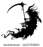 The silhouette of a necromancer with a scythe in a ragged cloak and a demonic head in the form of a bird's skull and horns, hovers in the air. 2D illustration