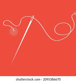 Silhouette einer Nadel mit einem weißen Faden auf rotem Hintergrund, Infografiken, Vektorgrafik