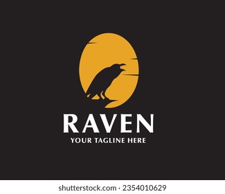 silhouette negative space raven bird at moon background logo symbol design template illustration inspiration