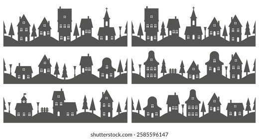 Silhouette of neighborhood houses. Small homes and buildings on skyline. Christmas town and village on white background. Row of cottages on the street with fir trees and church. Seamless border