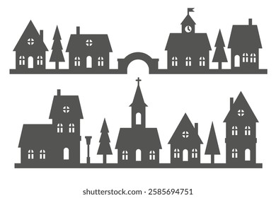 Silhouette of neighborhood houses. Small homes and buildings on skyline. Christmas town and village on white background. Row of cottages on the street with fir trees and church. Winter landscape