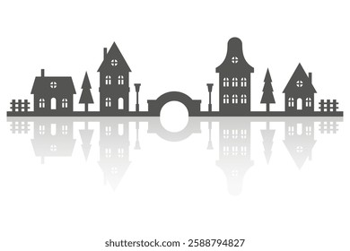 Silhouette of neighborhood houses. Small homes and buildings on skyline. Christmas town and village on white background with reflection. Row of cottages on the street with fir trees