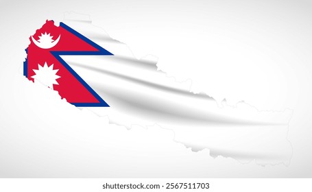 Silhouette of Nepal map filled with the Nepali flag design, symbolizing national pride, cultural heritage, and geographic uniqueness.  
