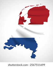 Silhouette of Netherlands map filled with the Dutch flag design, symbolizing national pride, cultural heritage, and geographic identity.  
