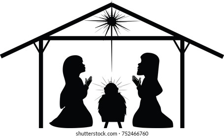 Silhouette. New born baby Jesus with his parents praying.