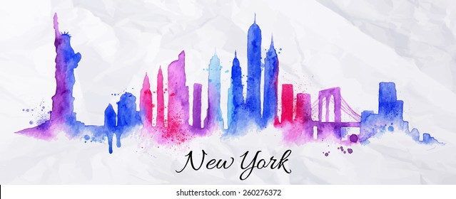 Silhouette New york city drawing with splashes of watercolor drops landmarks in blue violet tones