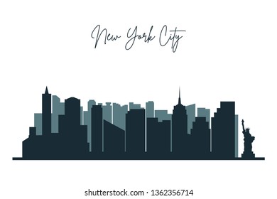 Silhouette of New York city. NYC urban skyline with 
skyscrapers, buildings and liberty statue. Vector.