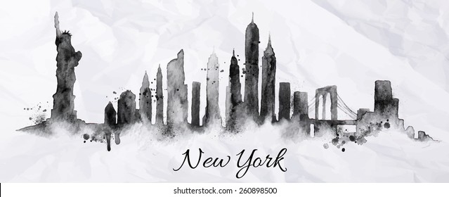Silhouette New york city painted with splashes of ink drops streaks landmarks drawing in black ink on crumpled paper