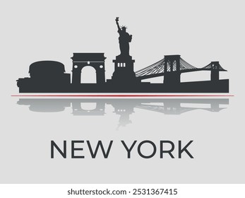 Silueta del Nuevo horizonte de la ciudad de York con reflejo en el agua, enfatizada por la línea roja. Vector sobre un fondo gris