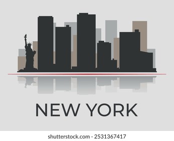 Silueta del Nuevo horizonte de la ciudad de York con reflejo en el agua, enfatizada por la línea roja. Vector sobre un fondo gris