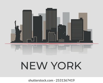 Silueta del Nuevo horizonte de la ciudad de York con reflejo en el agua, enfatizada por la línea roja. Vector sobre un fondo gris