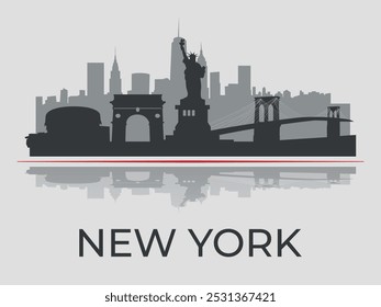 Silueta del Nuevo horizonte de la ciudad de York con reflejo en el agua, enfatizada por la línea roja. Vector sobre un fondo gris