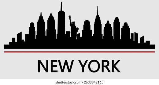Silhouette of the New York City skyline with a red line emphasizing the silhouette