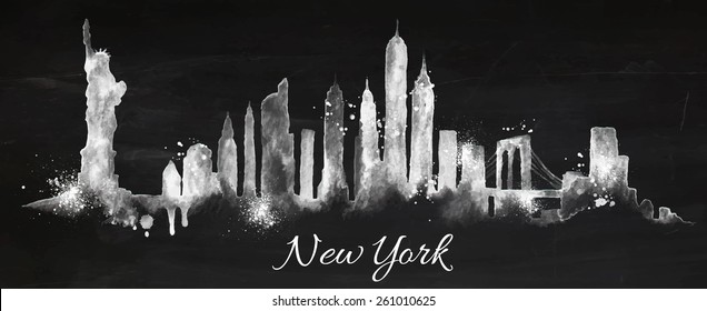 Silhouette New York Stadt mit Splash Tropfen und Streifen Wahrzeichen, die mit Kreide auf der Taftwand zu kreizen