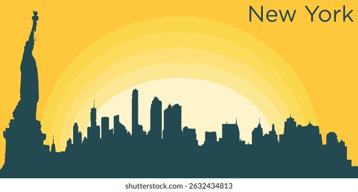 silhouette of the New York skyline against the backdrop of the Big Yellow Sunset. The setting sun creates a gradient from bright yellow to orange.

