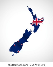 Silhouette of New Zealand map filled with the New Zealand flag design, symbolizing national pride, cultural heritage, and geographic uniqueness.  
