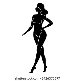 Silueta de una buena dama, ella está de pie. La chica tiene una hermosa figura desnuda. La mujer es una modelo joven, sexy y esbelta. Ilustración vectorial.