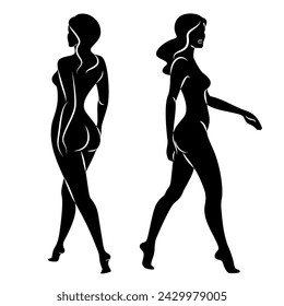 Silueta de una buena dama, ella está de pie. La chica tiene una hermosa figura desnuda. La mujer es una modelo joven, sexy y esbelta. Ilustración vectorial.