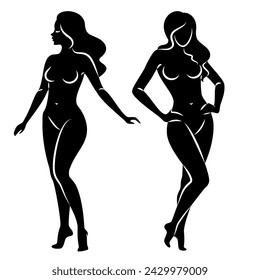 Silueta de una buena dama, ella está de pie. La chica tiene una hermosa figura desnuda. La mujer es una modelo joven, sexy y esbelta. Ilustración vectorial.