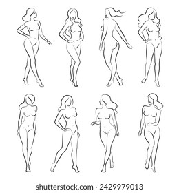 Silhouette of a nice lady, she is standing. The girl has a beautiful naked figure. The woman is a young sexy and slender model. Vector illustration.