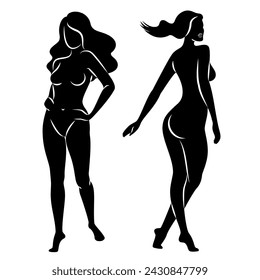 Silhouette of a nice lady, she is standing. The girl has a beautiful naked figure. The woman is a young sexy and slender model. Vector illustration