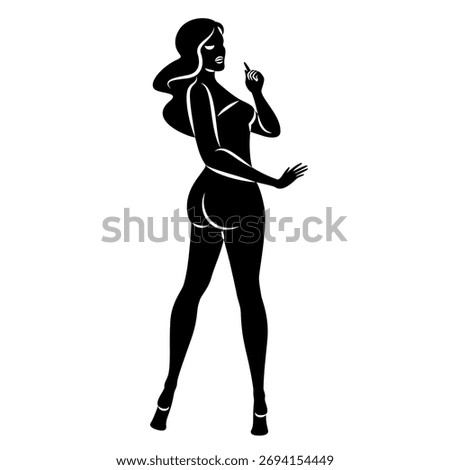 Silhouette of a nice lady, she is standing. The girl has a beautiful naked figure. The woman is a young sexy and slender model. Vector illustration.