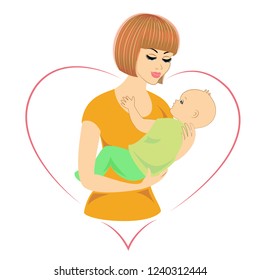 Silhouette of a nice lady. Young and beautiful woman with a child. Happy motherhood. Frame in the shape of a heart. Vector illustration.