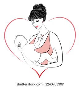 Silhouette of a nice lady. Young and beautiful woman with a child. Happy motherhood. Frame in the shape of a heart. Vector illustration.