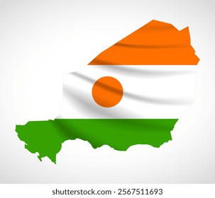 Silhouette of Niger map filled with the Nigerien flag design, symbolizing national pride, cultural heritage, and geographic identity.  
