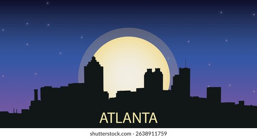 silhouette of the night city of Atlanta with a panorama of skyscrapers against the starry sky with a large full moon in the center

