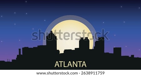  silhouette of the night city of Atlanta with a panorama of skyscrapers against the starry sky with a large full moon in the center

