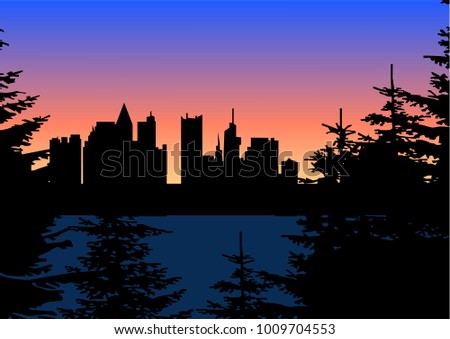 silhouette of a night city behind a forest. Vector illustration of urban landscape in flat style