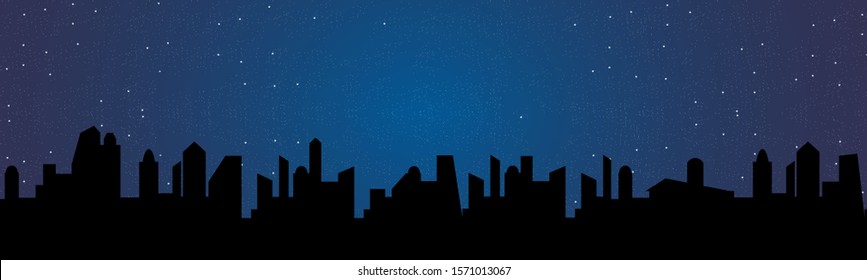 Silhouette of the night city. Black color. Starry sky. Vector