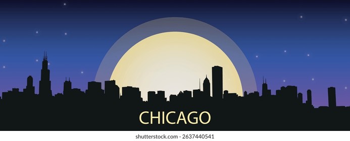 silhouette of the night city of Chicago with a panorama of skyscrapers against the starry sky with a large full moon in the center