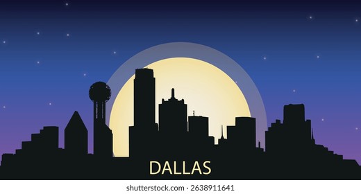  silhouette of the night city of Dallas with a panorama of skyscrapers against the starry sky with a large full moon in the center