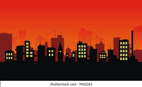 Silhouette of night city on red background