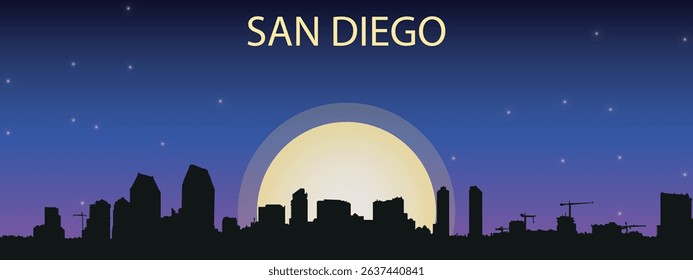 silhouette of the night city of San Diego with a panorama of skyscrapers against the starry sky with a large full moon in the center

