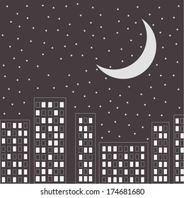 Silhouette of the night city. Stars and moon in the sky. Vector illustration.