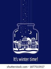 Silhouette of a night city street with houses in a glass jar. Landscape with snowfall, moon and stars. Snow-covered trees and street with snowdrifts.