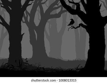 silhouette of the night forest with old trees and crow on the branch, vector illustration
