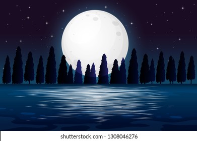 Ilustración de la escena de un bosque nocturno de siluetas