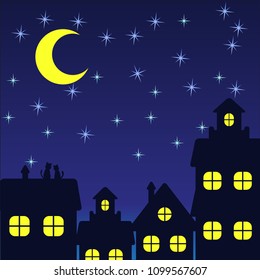 silhouette of night houses against the background of the night sky and the moon, vector clip art