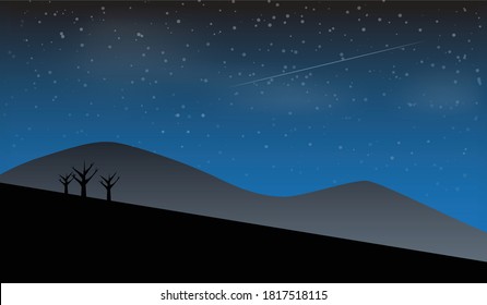 Silhouette of a night landscape background with mountains with stars