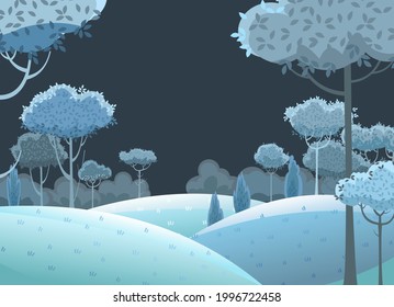 Silhouette night landscape. Foliage. Beautiful scenic plant. Darkness. Cartoon style. Hills with grass and trees. Dark. Cool romantic pretty. Flat design background illustration. Vector art